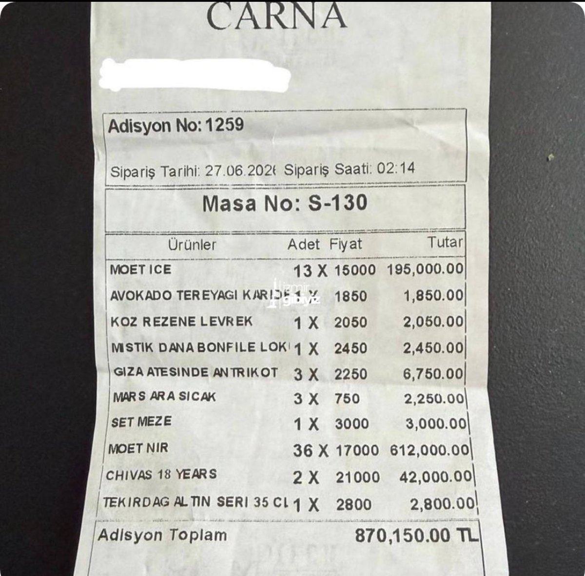 Adisyon değil servet: Tam 870 bin 150 TL! İşletme sahibi konuştu