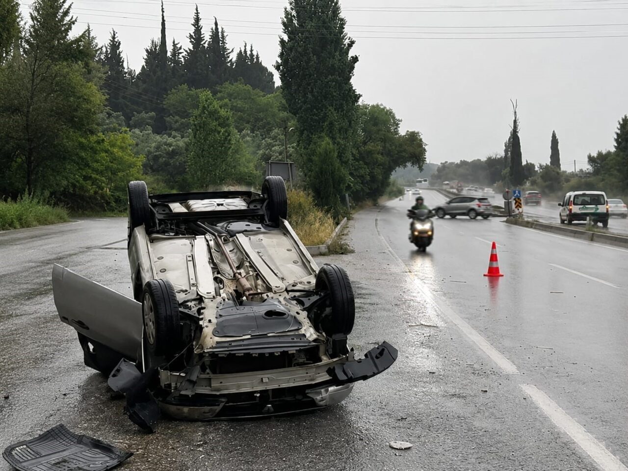 Söke Kuşadası yolu üzerinde otomobil takla attı