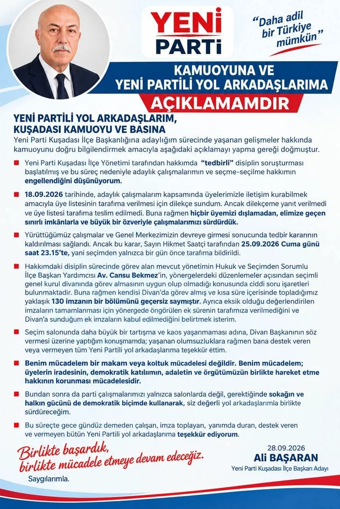 Yeni Parti Kuşadası’nda seçim kaosu! Başaran: "Adaylığım engellendi" 2 WhatsApp Image 2026 09 29 at 15.53.59